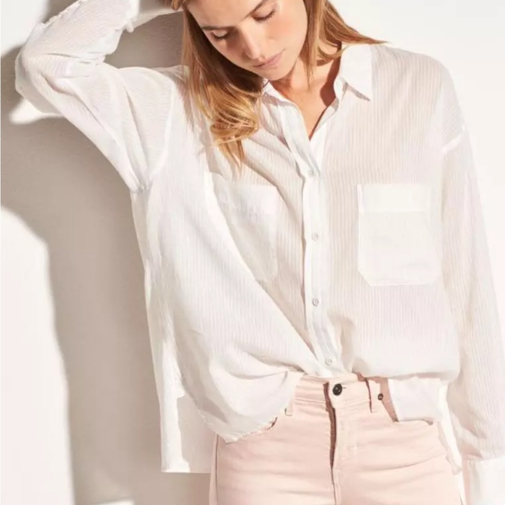 Vince Women's Semi-Sheer White Button-Up Shirt with Pockets Size XL